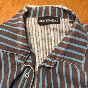 Vintage Marimekko Men's Shirt with Blue and Brown Stripes